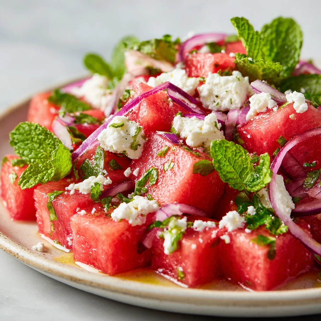 Refreshing watermelon salad with feta cheese.