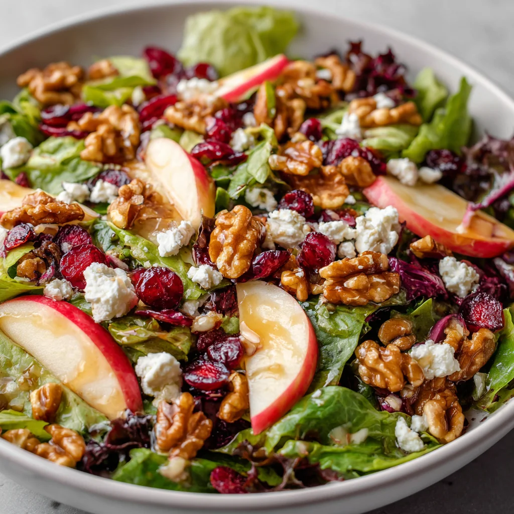 Apple walnut cranberry salad drizzled with maple dressing.