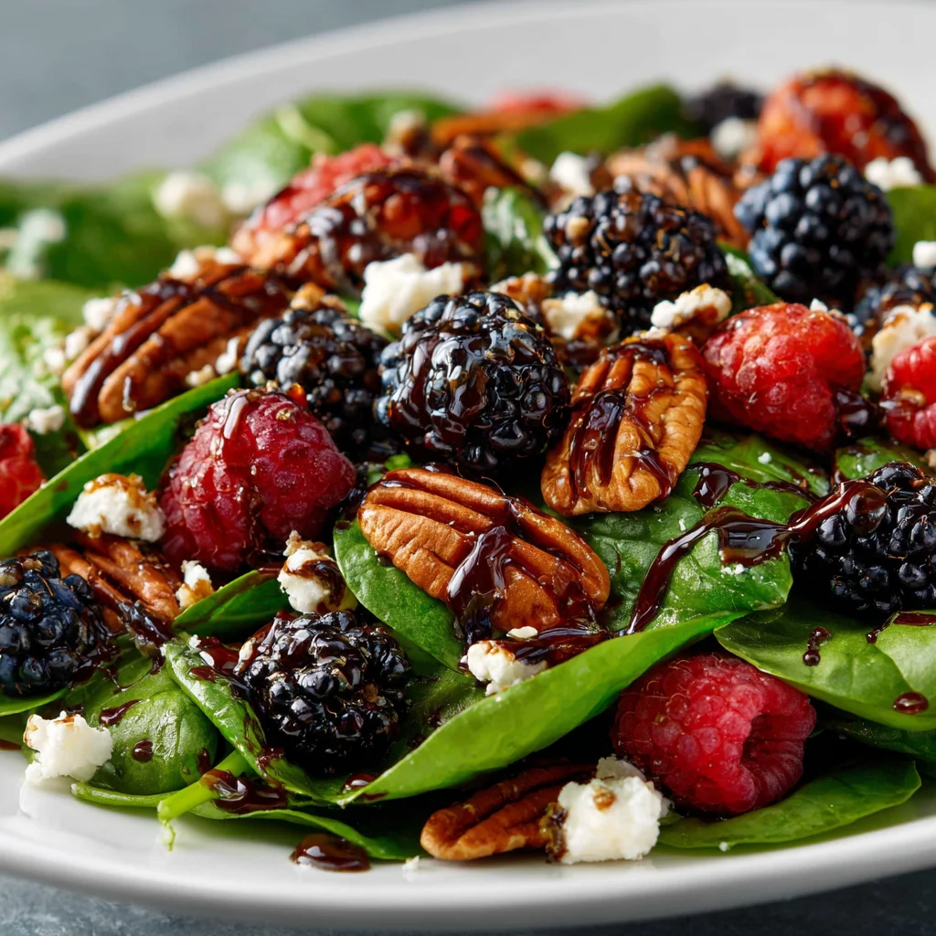 Berry spinach salad topped with pecans, feta, and balsamic glaze.