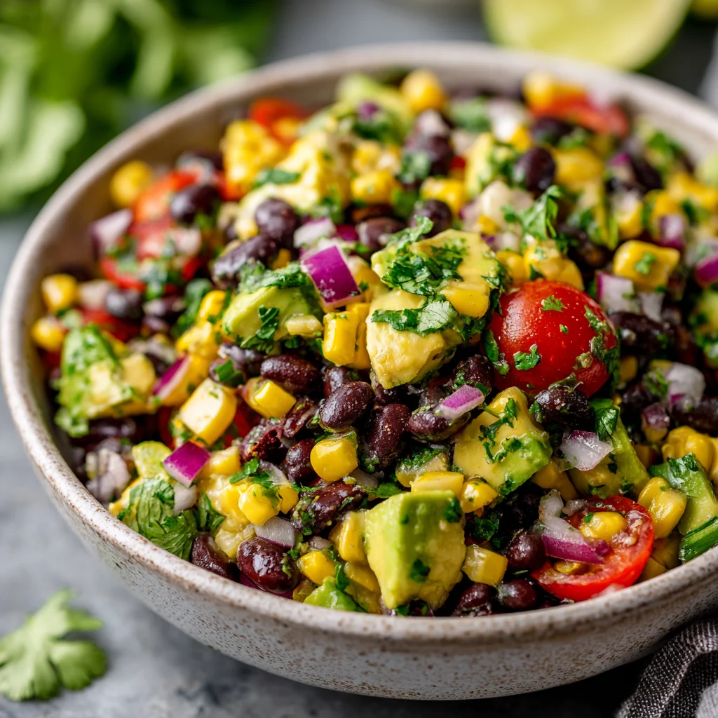 Black bean corn avocado salad with lime vinaigrette dressing.