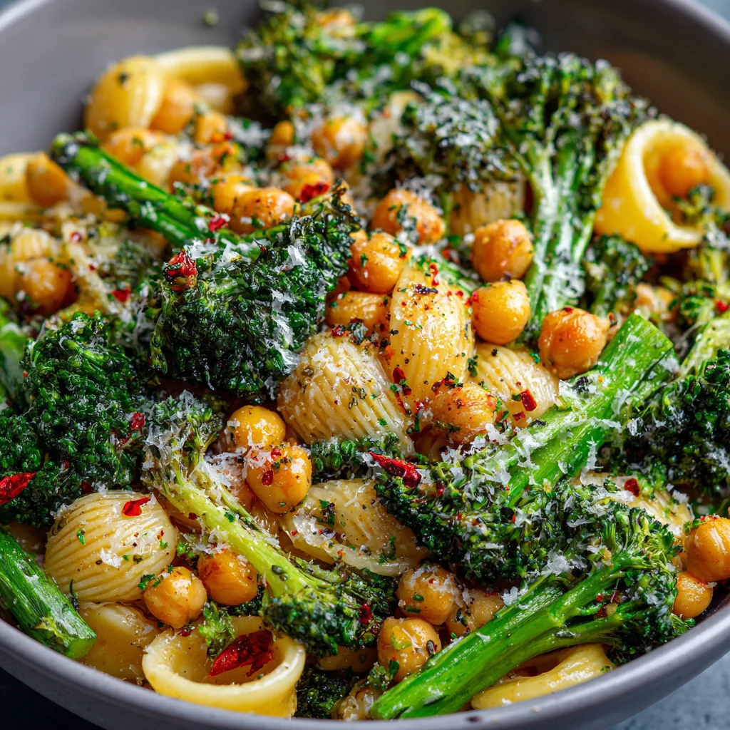 Broccoli chickpea pasta with garlic olive oil.