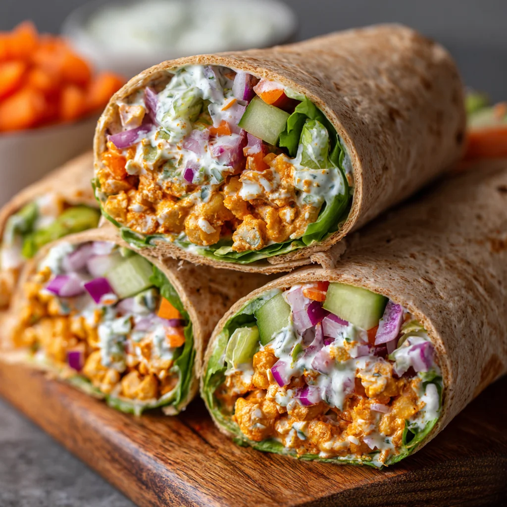 Buffalo chickpea salad wraps, close-up.