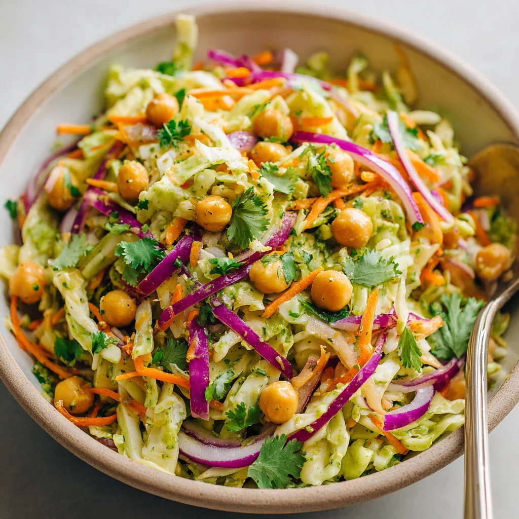 Bright and colorful cabbage chickpea salad with lime wedges.