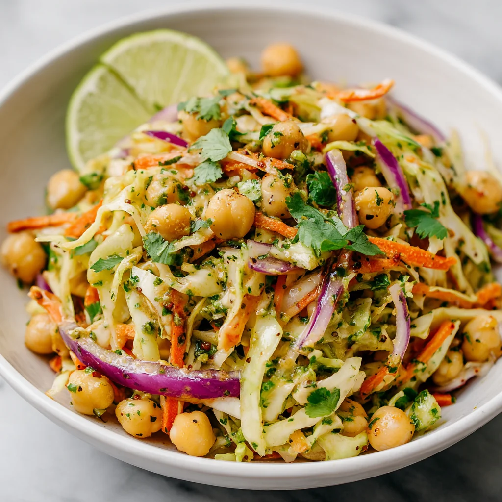 Close-up of a vegan cabbage chickpea salad featuring carrots. Close-up of a vegan cabbage chickpea salad featuring carrots.