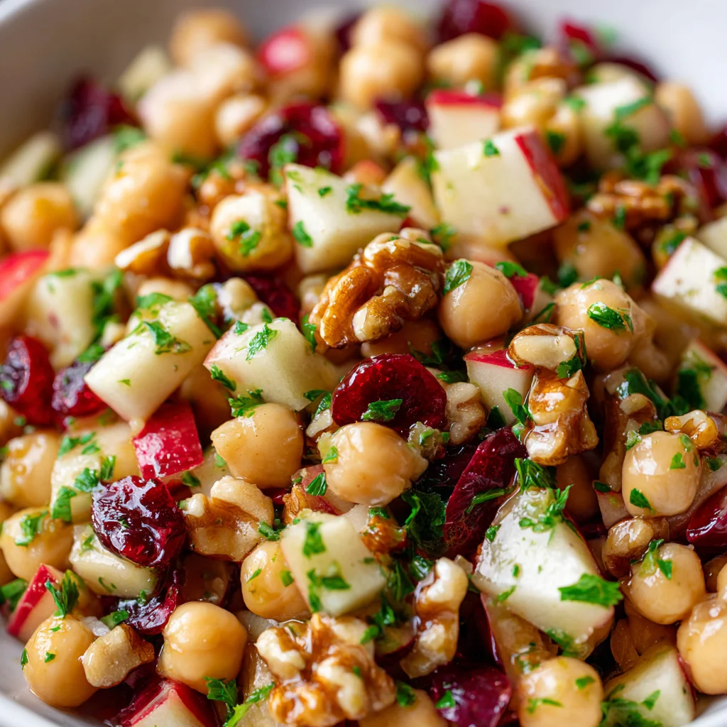 Chickpea apple cranberry salad in a bowl.