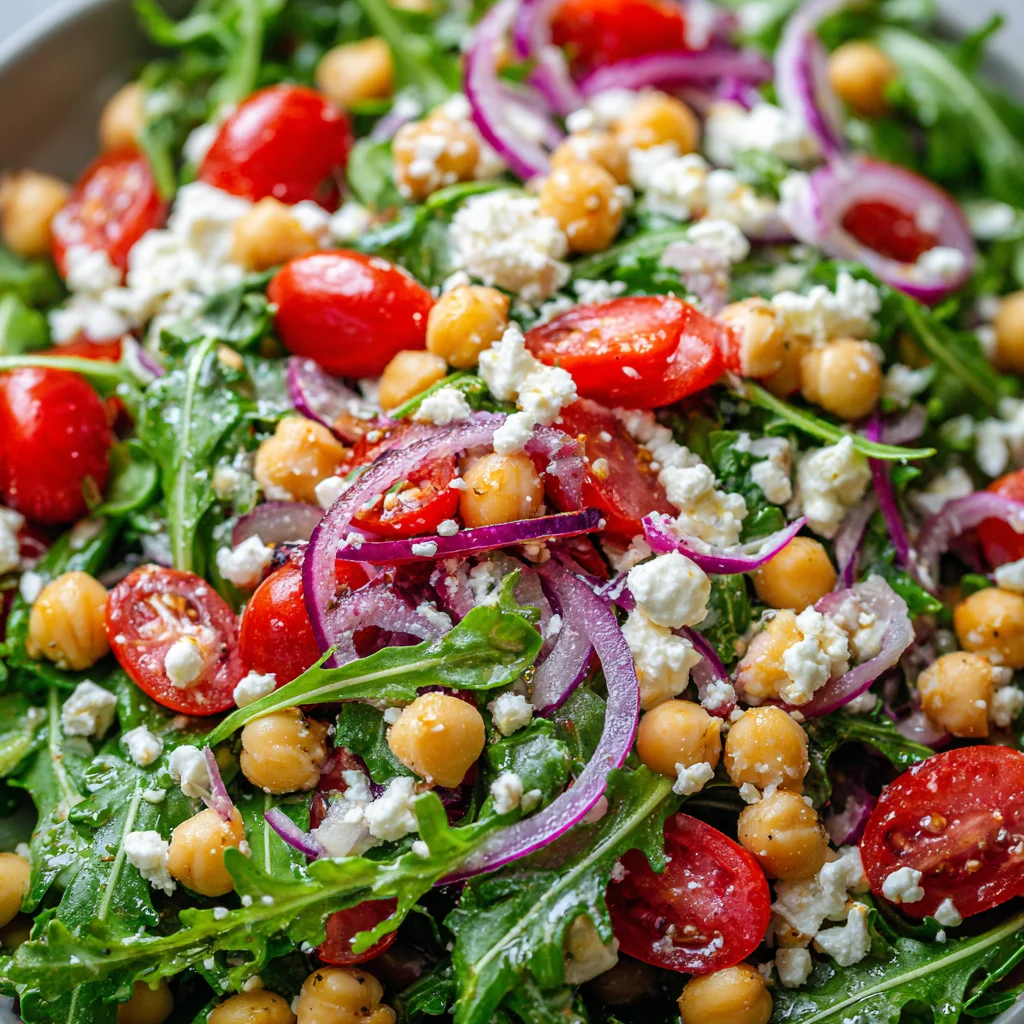 Chickpea and arugula salad with bright lemon dijon dressing.