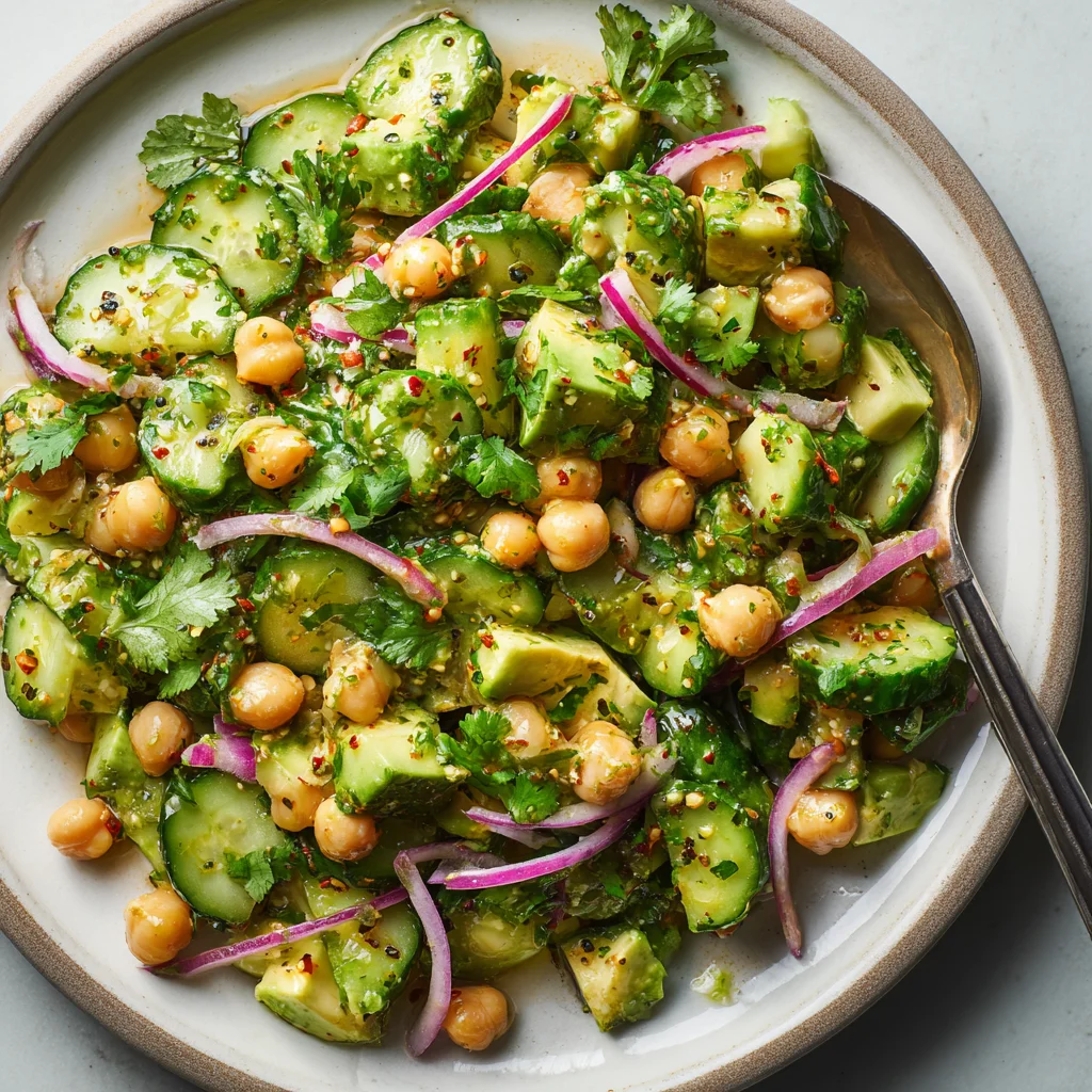 Vibrant chickpea salad with cucumber, avocado, chili, and lime.