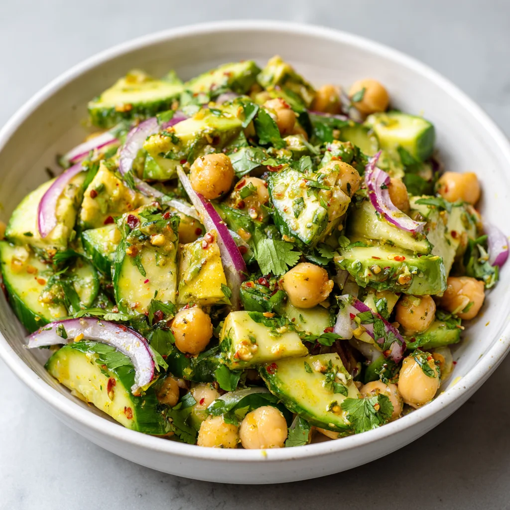 Creamy avocado, crunchy cucumber, and hearty chickpeas in a colorful salad. Creamy avocado, crunchy cucumber, and hearty chickpeas in a colorful salad.