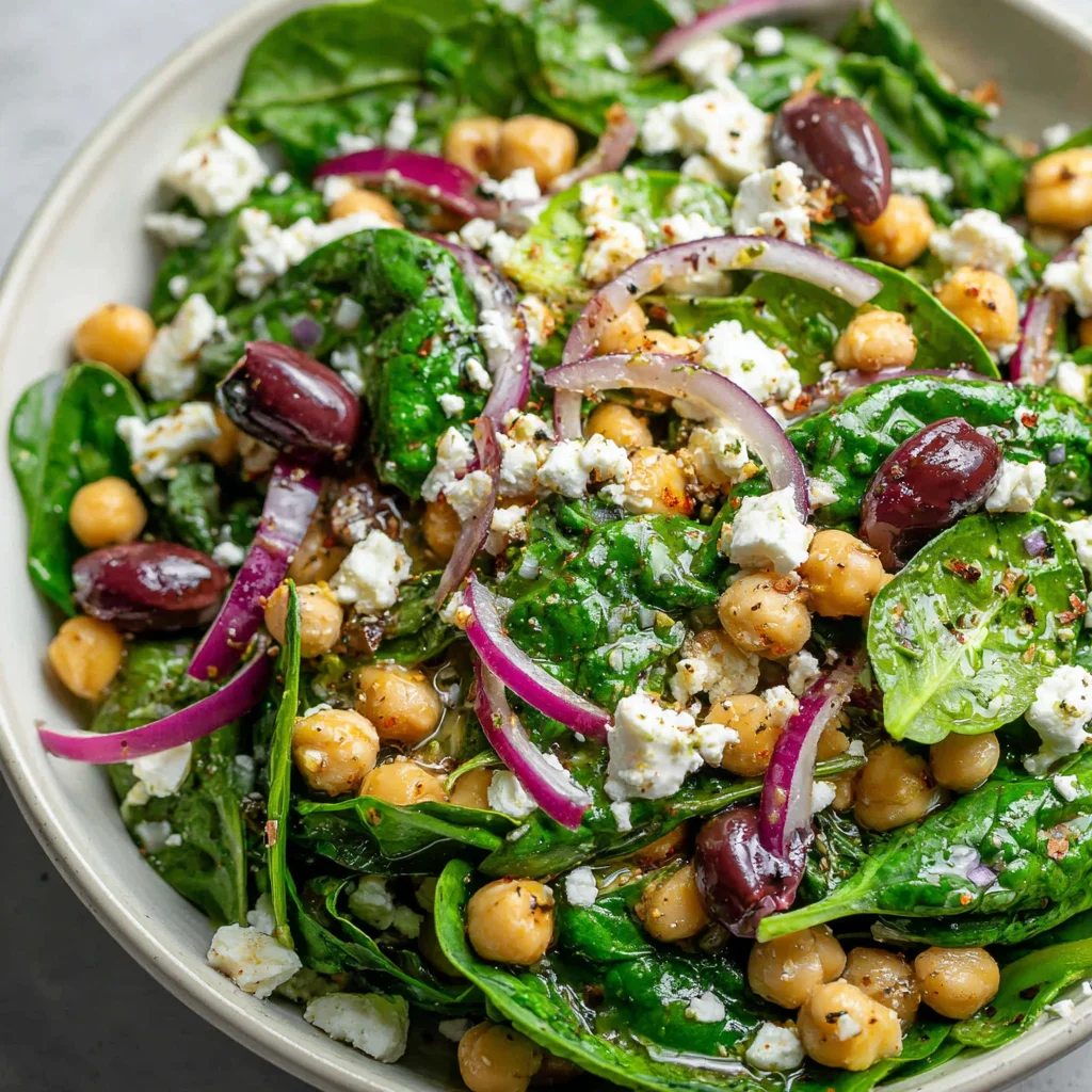 Chickpea salad with spinach, feta, and lemon vinaigrette dressing.