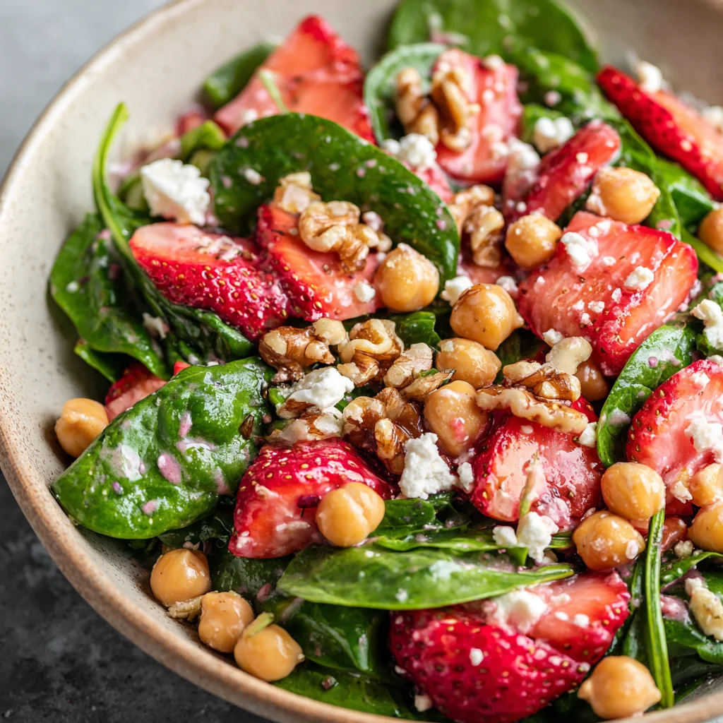 Vibrant salad with chickpeas, strawberries, and spinach.