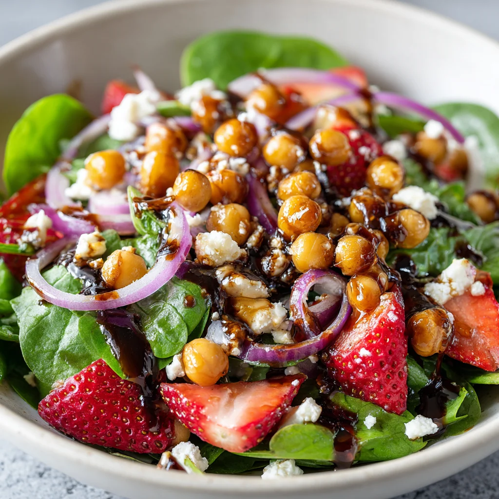 Chickpea strawberry spinach salad with bright colors.