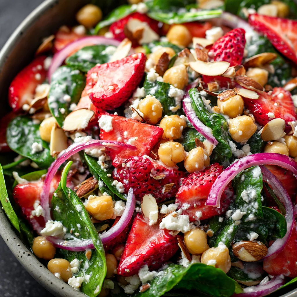 Colorful chickpea strawberry spinach salad.