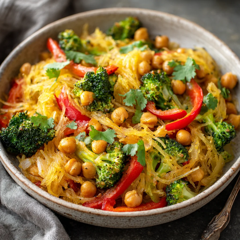 Chickpea and bell pepper stir fry in a pan.