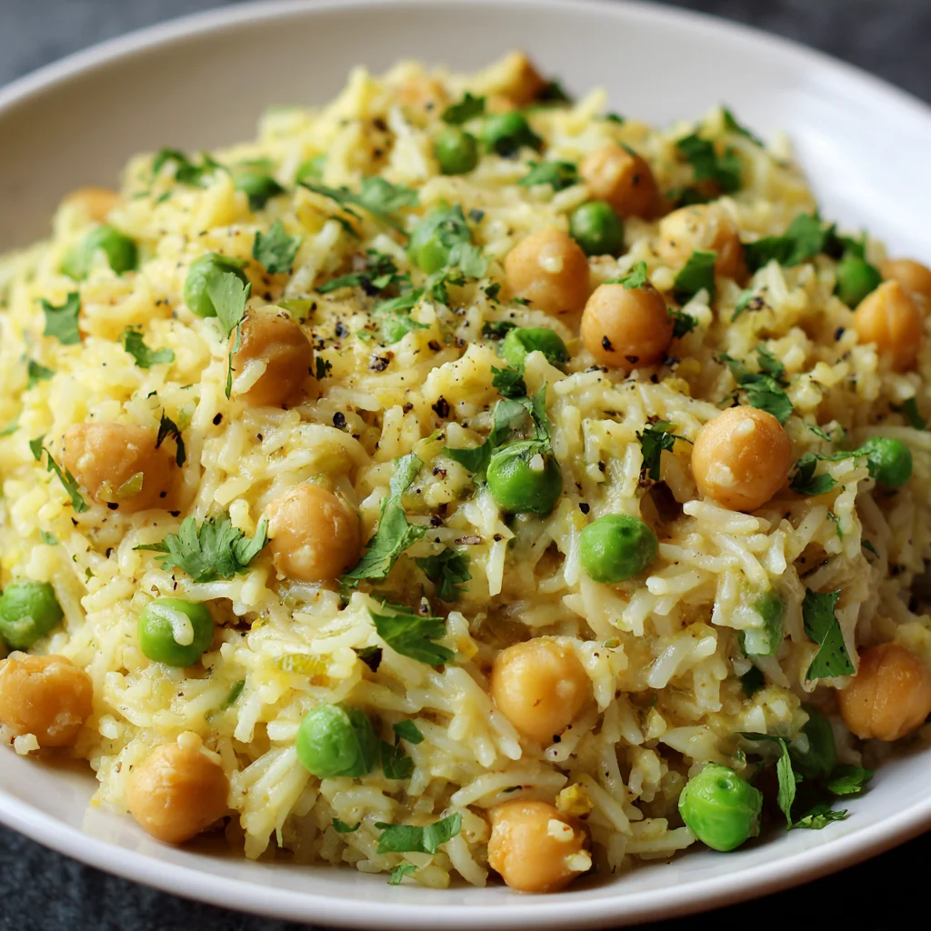 Chickpea and green pea rice with coconut flakes.