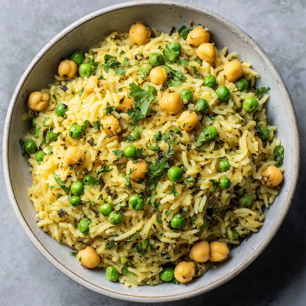 Creamy coconut rice with chickpeas and green peas.