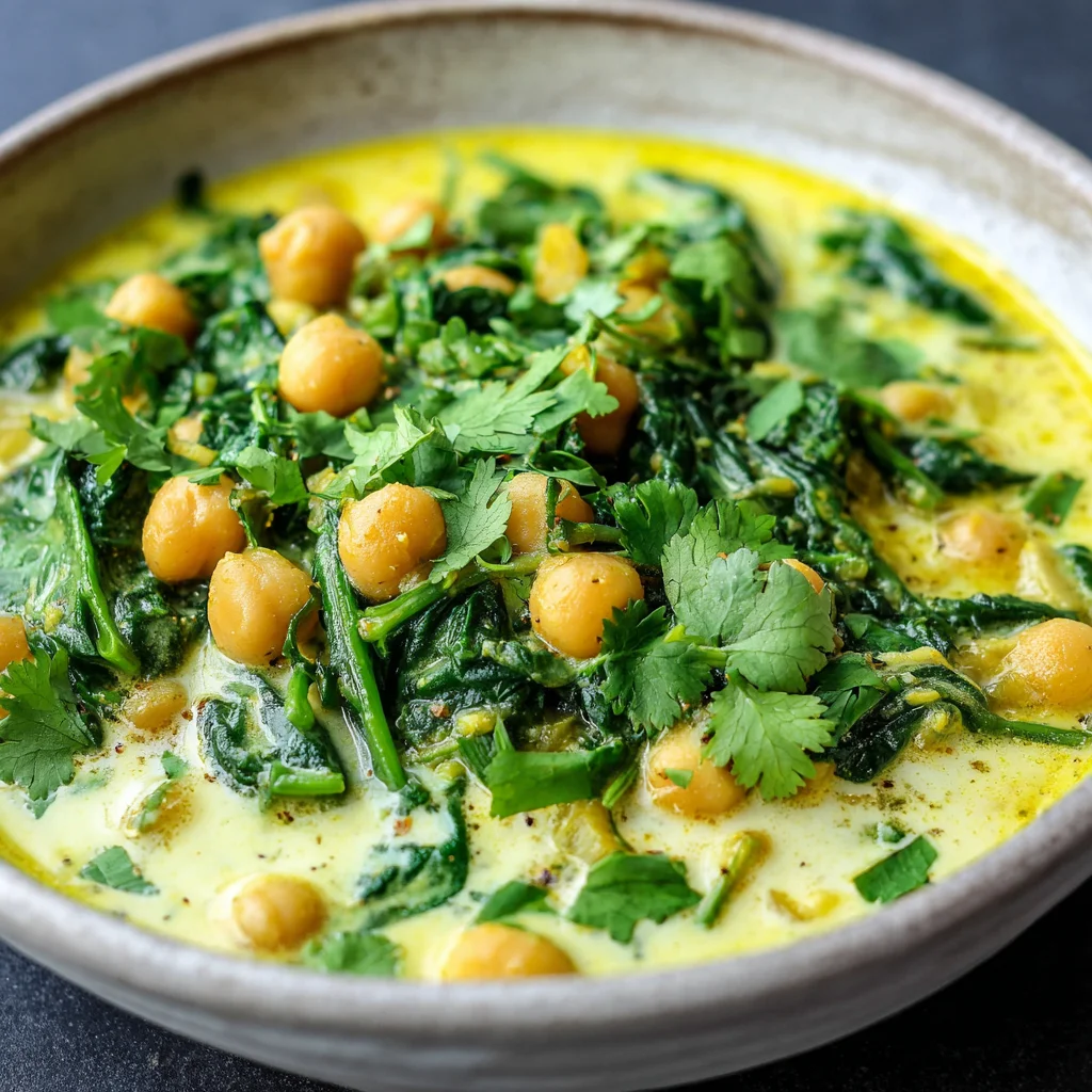 Chickpea and spinach curry in a coconut milk sauce.