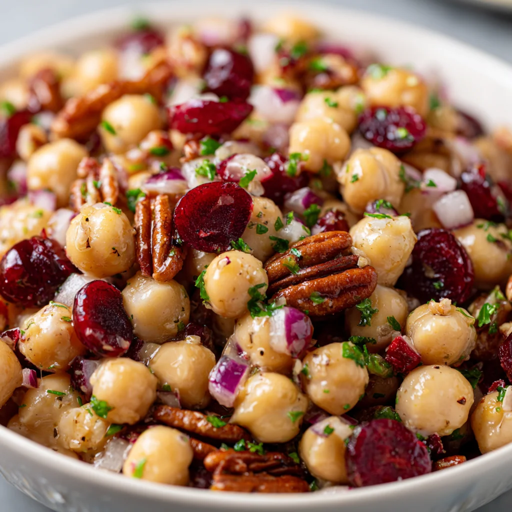 Colorful chickpea salad with cranberries and pecans.