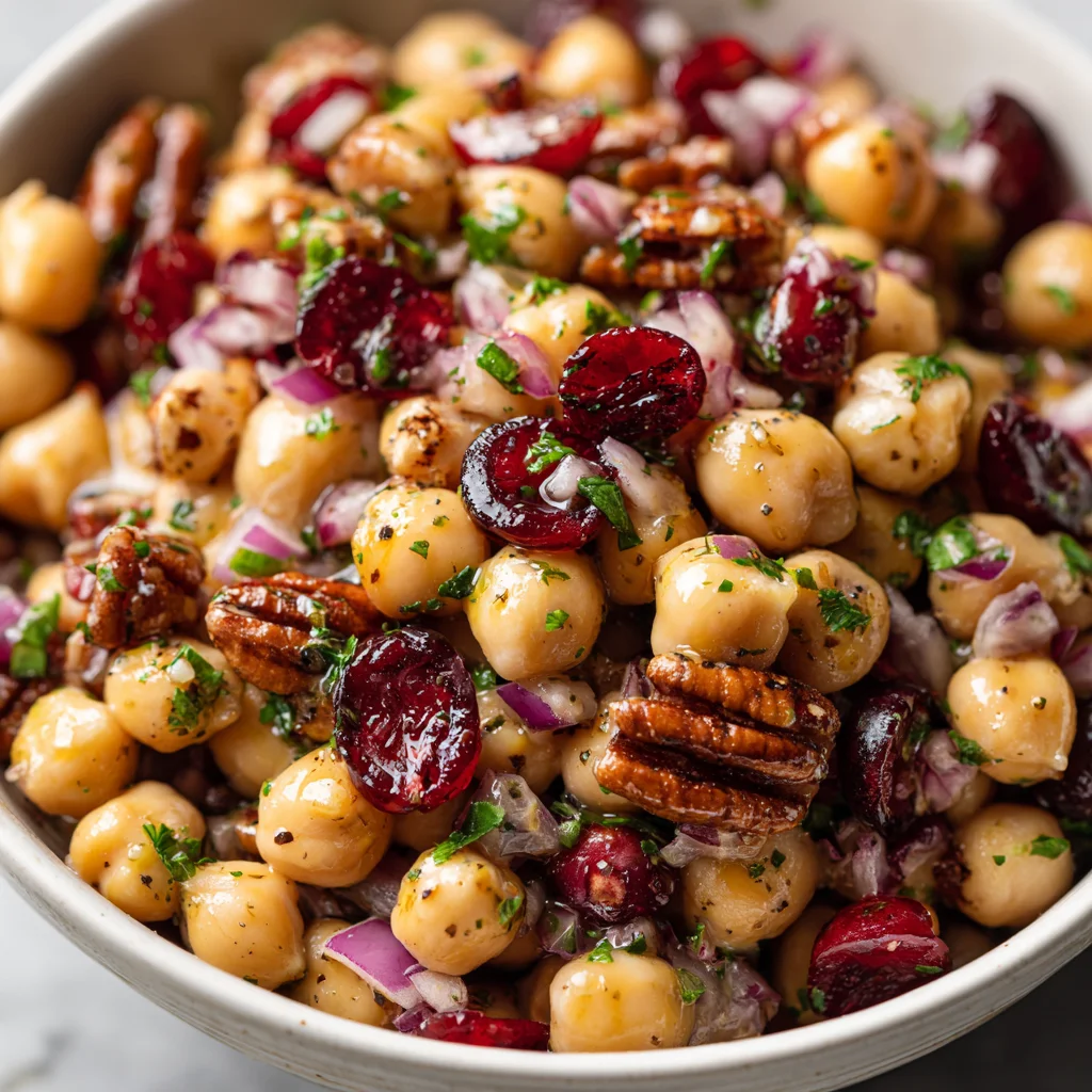 Cranberry pecan chickpea salad in a bowl. Cranberry pecan chickpea salad in a bowl.
