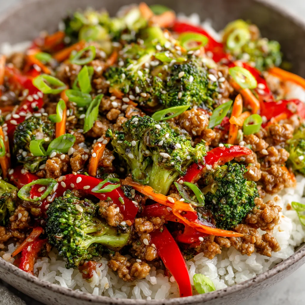 Ground turkey teriyaki stir fry in a colorful bowl.