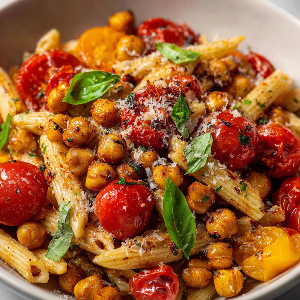 Garlic roasted chickpeas and tomatoes tossed with pasta.