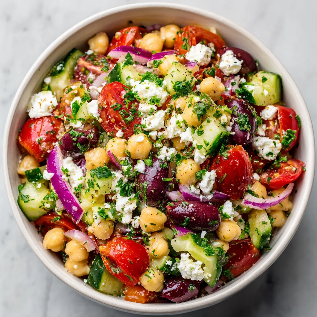 Greek garbanzo bean salad with feta and vegetables.