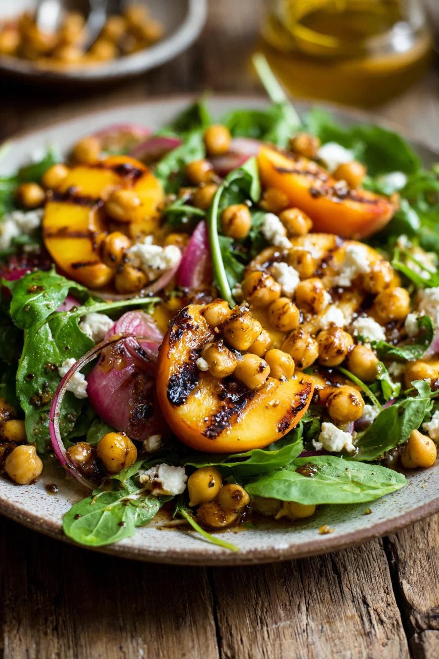 Grilled peaches and chickpeas in a vibrant salad.