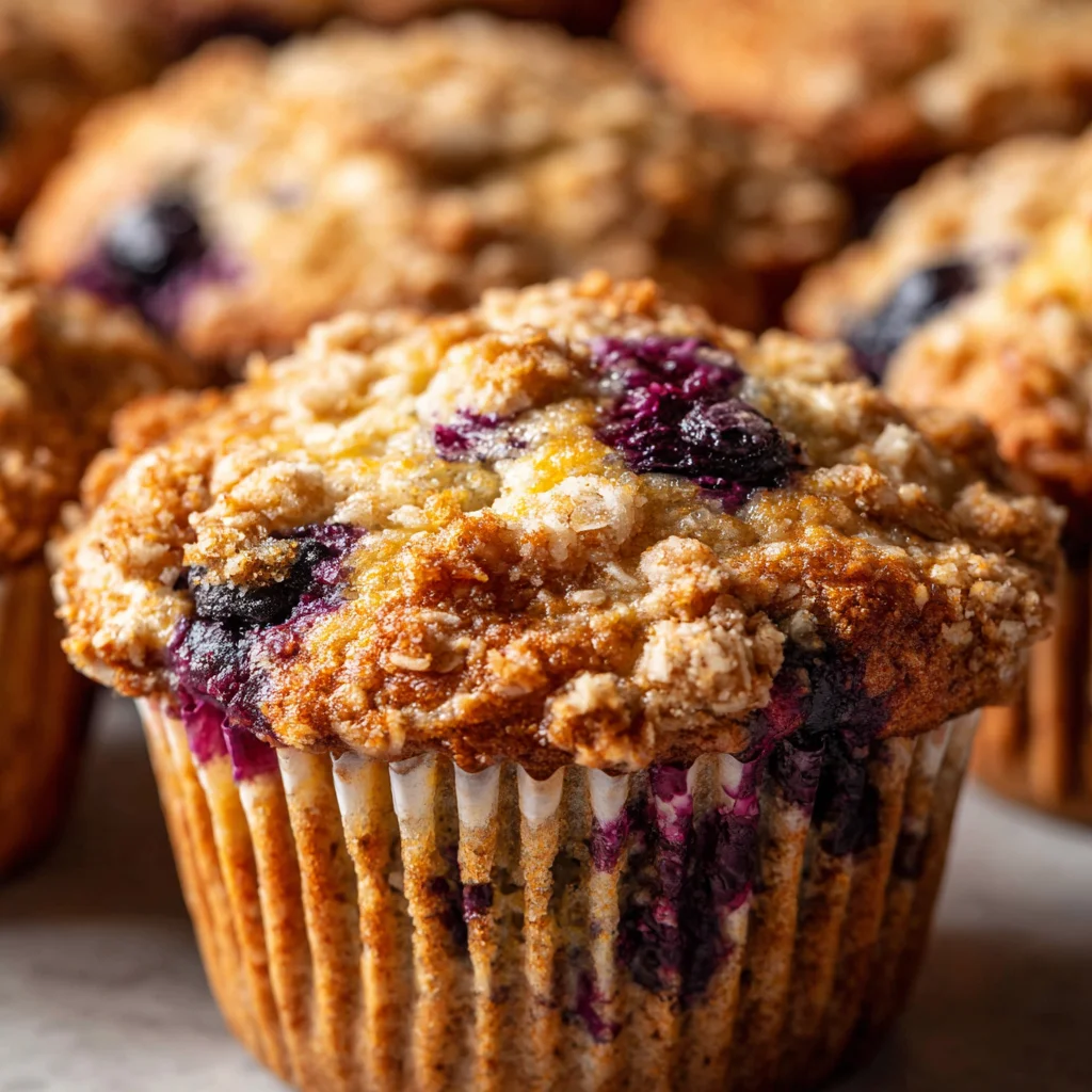 Lemon blueberry oat muffins, topped with streusel, on a plate.