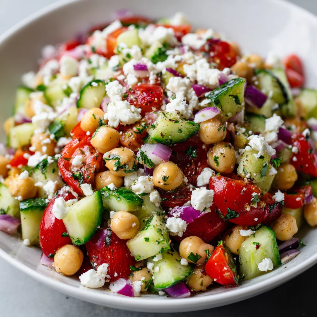 Close-up of colorful chickpea cucumber salad. Close-up of colorful chickpea cucumber salad.