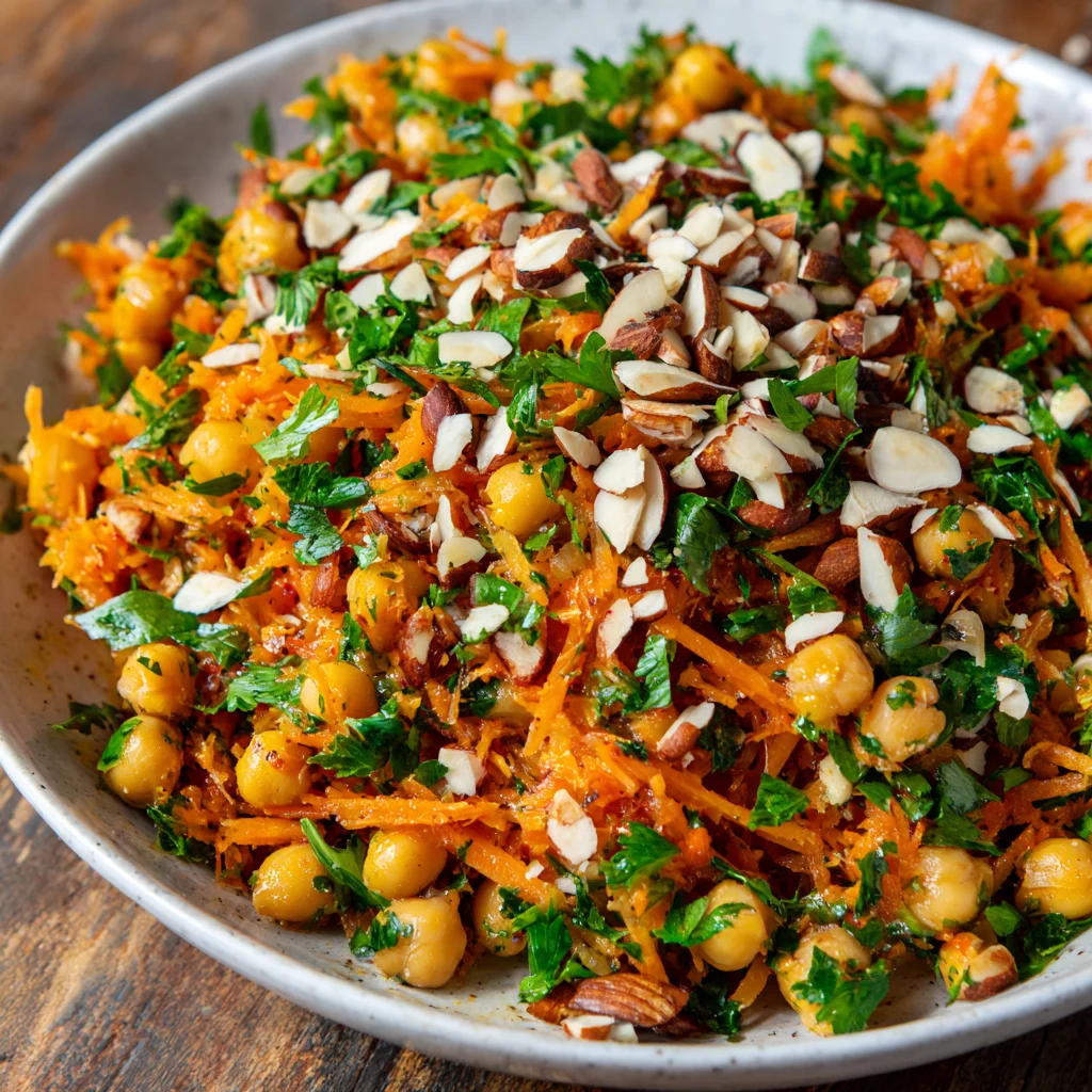 Vibrant Moroccan carrot and chickpea salad.