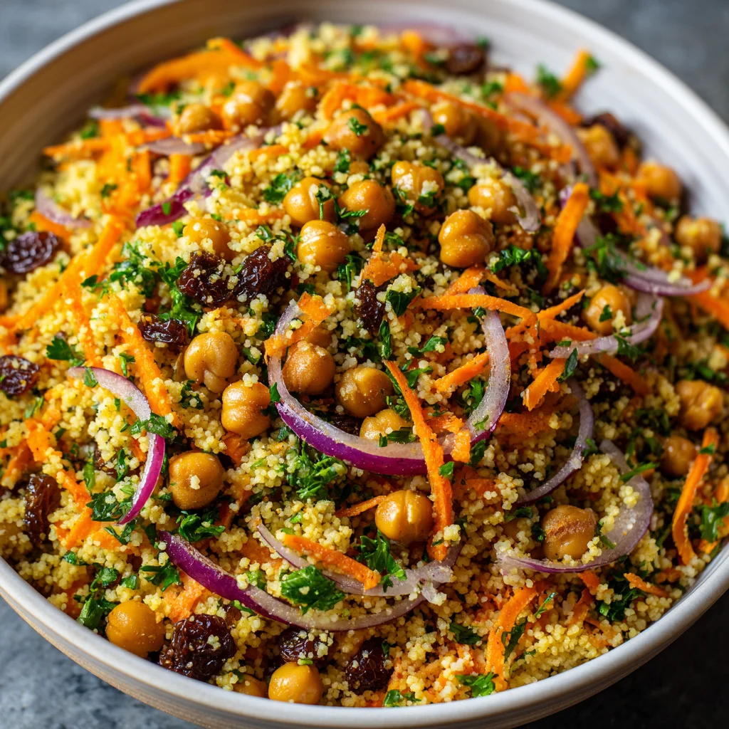 Moroccan couscous salad with chickpeas and carrots.