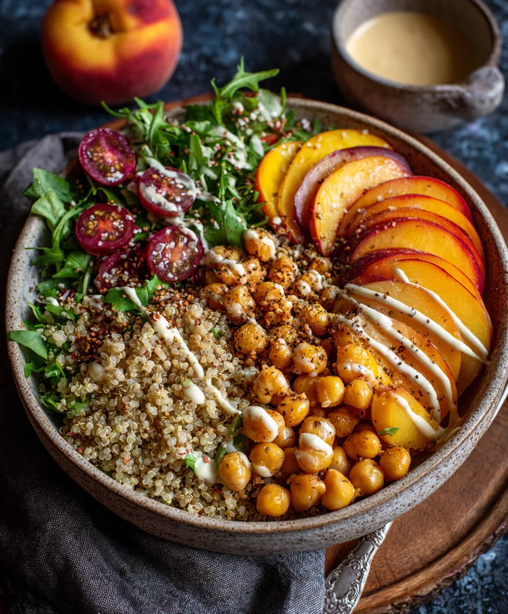 Vibrant power bowl with peach slices, chickpeas, and quinoa.