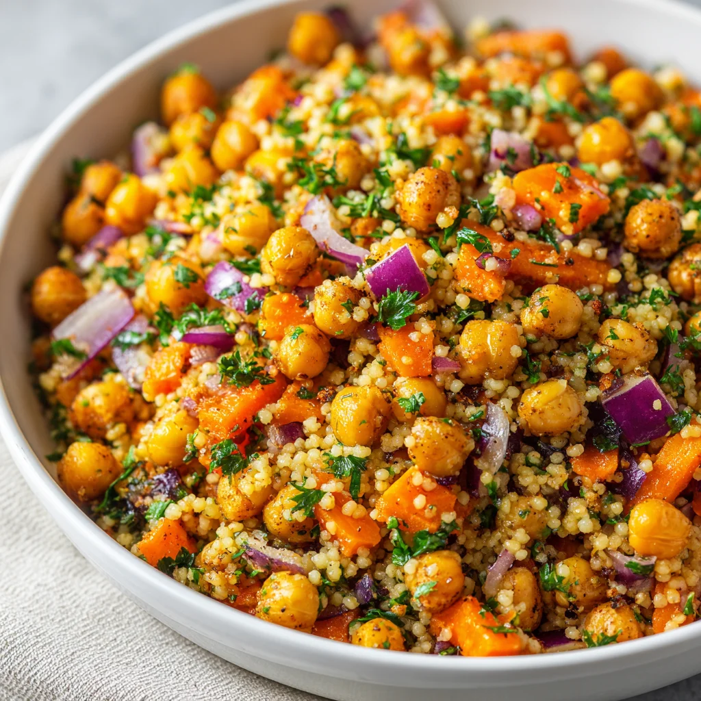 Vibrant couscous salad with roasted carrots and chickpeas. Vibrant couscous salad with roasted carrots and chickpeas.