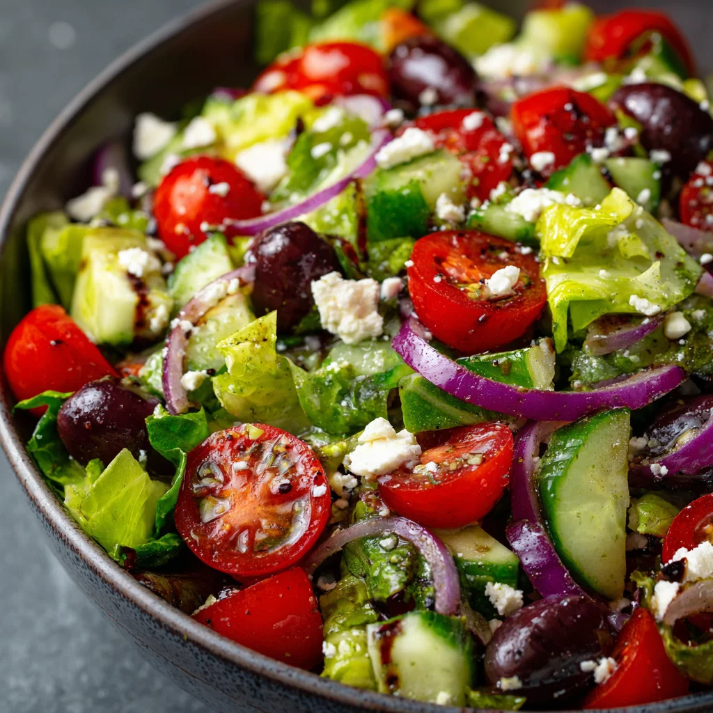 Close-up of a vibrant Italian salad with fresh ingredients.