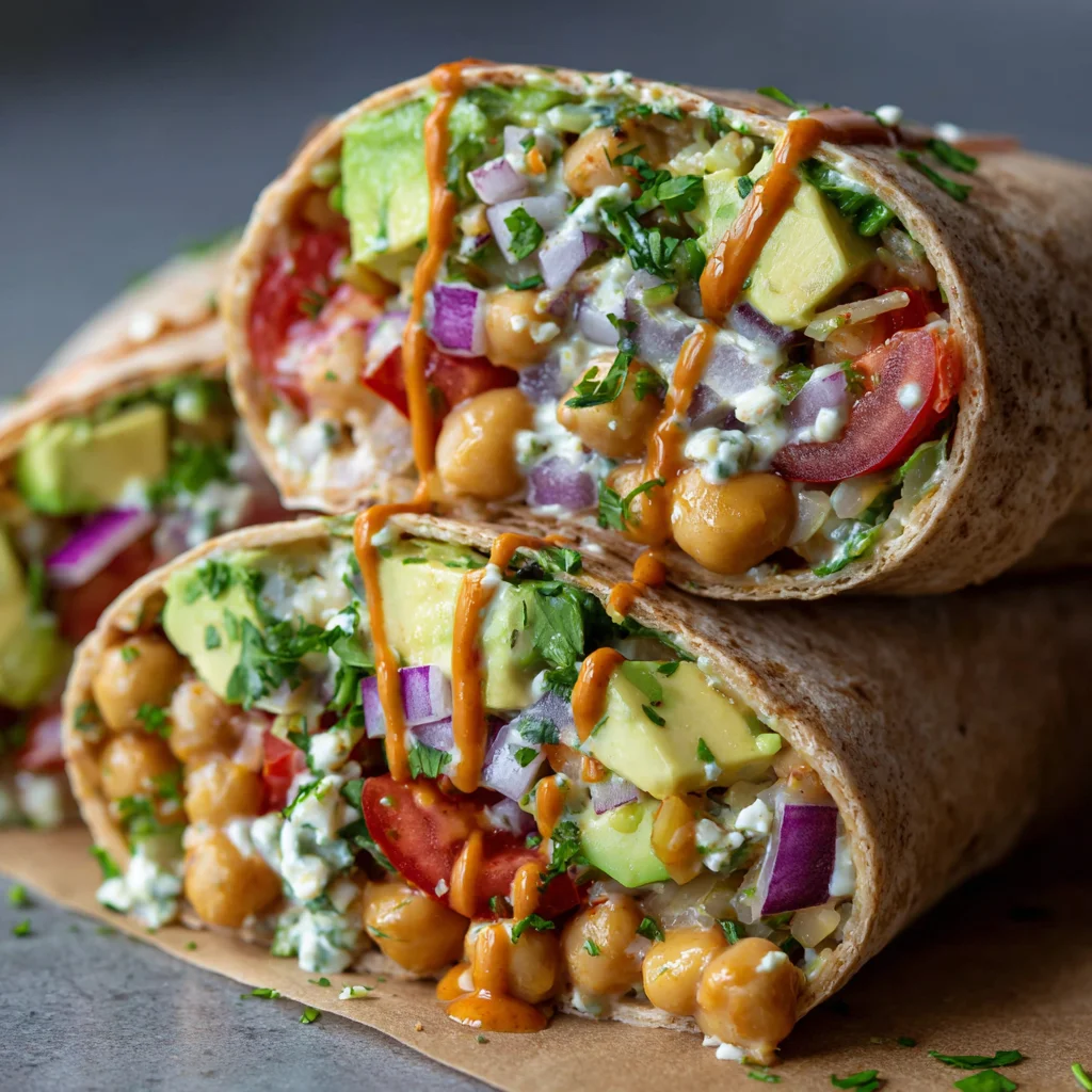 Chickpea and avocado wrap, ready to eat.