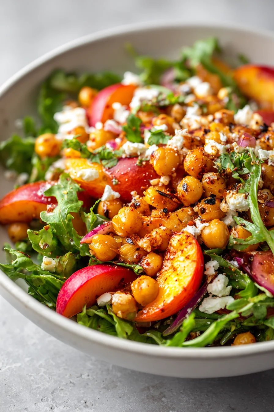 Spicy peach and chickpea salad in a bowl.