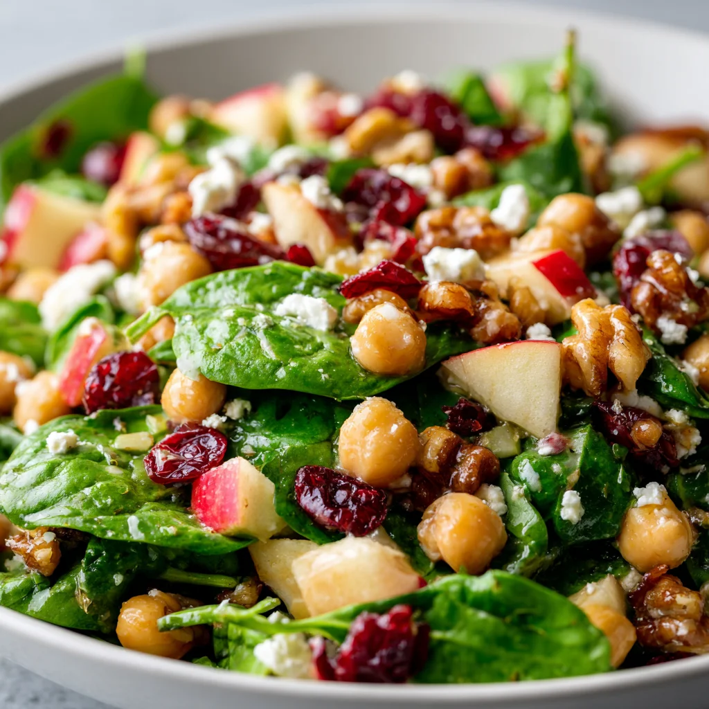 Spinach apple chickpea salad with cranberries.