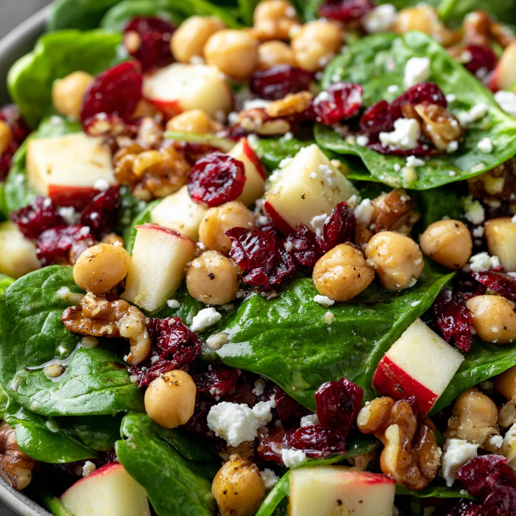 Vibrant spinach salad featuring apples, chickpeas, and cranberries. Vibrant spinach salad featuring apples, chickpeas, and cranberries.
