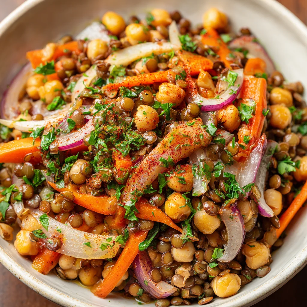 Chickpea and lentil salad with carrot ribbons.
