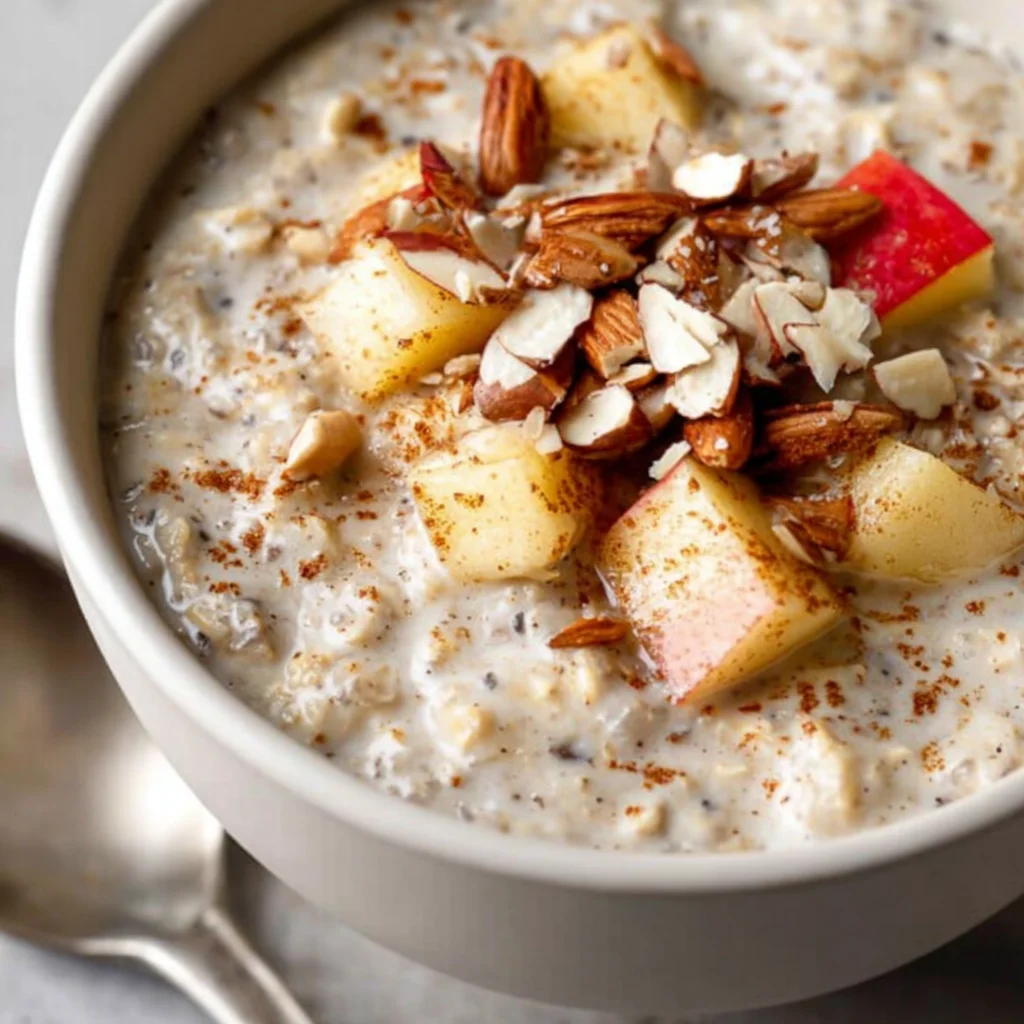 Apple cinnamon overnight oats in a glass jar.