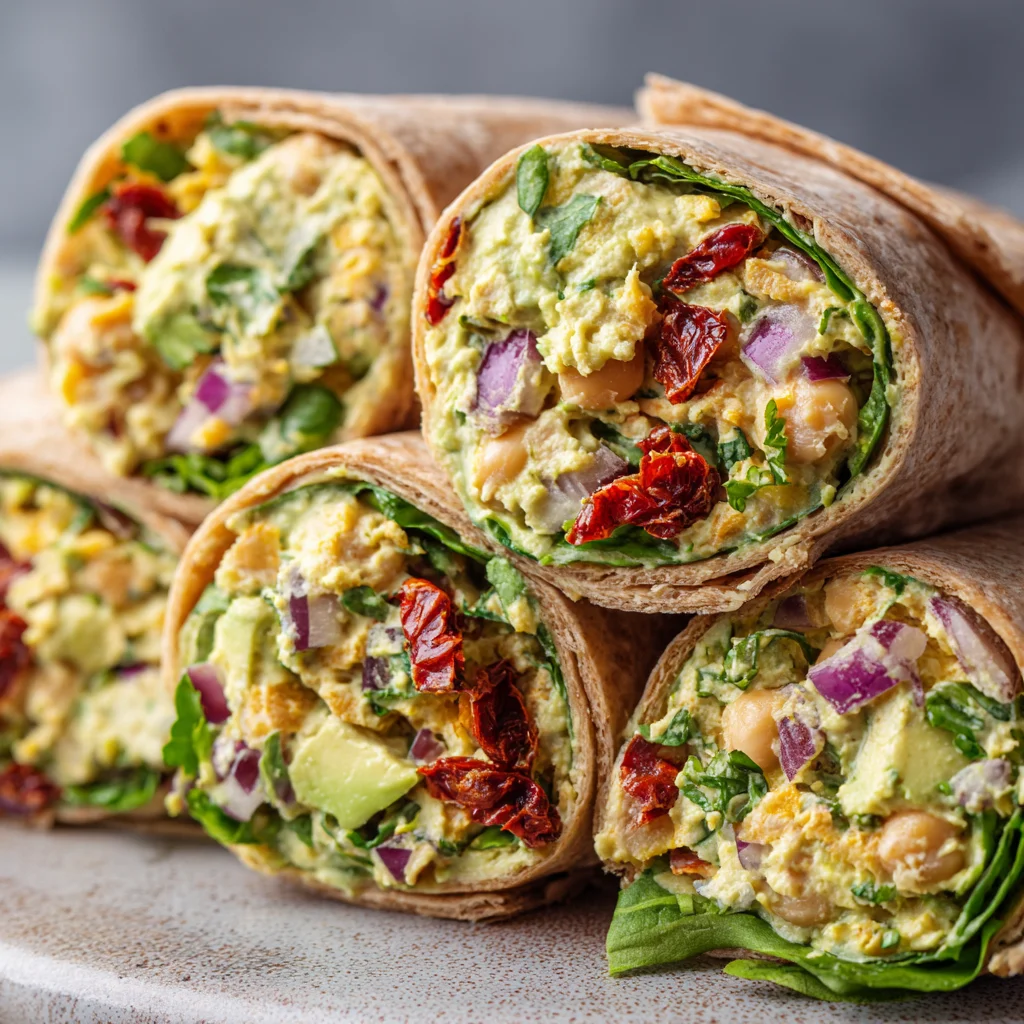 Avocado chickpea salad wraps with sun-dried tomatoes, ready to eat.