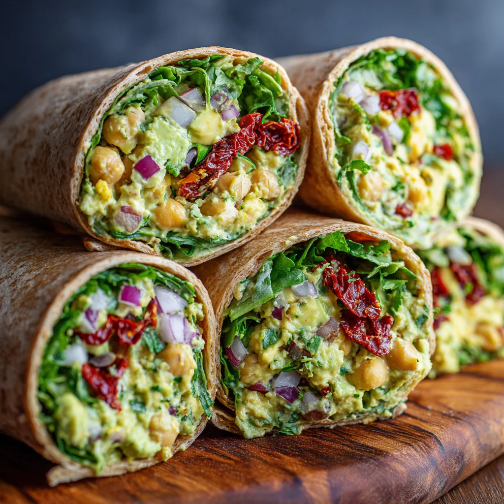 Vegan avocado chickpea wraps filled with vibrant sun-dried tomato salad. Vegan avocado chickpea wraps filled with vibrant sun-dried tomato salad.
