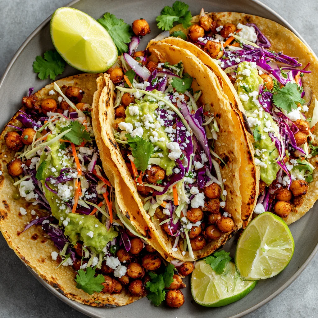 Chickpea and black bean tacos topped with creamy avocado lime slaw.
