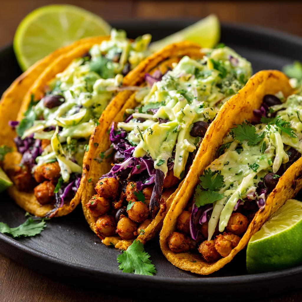 Vegetarian tacos filled with chickpeas, black beans, and a vibrant slaw. Vegetarian tacos filled with chickpeas, black beans, and a vibrant slaw.