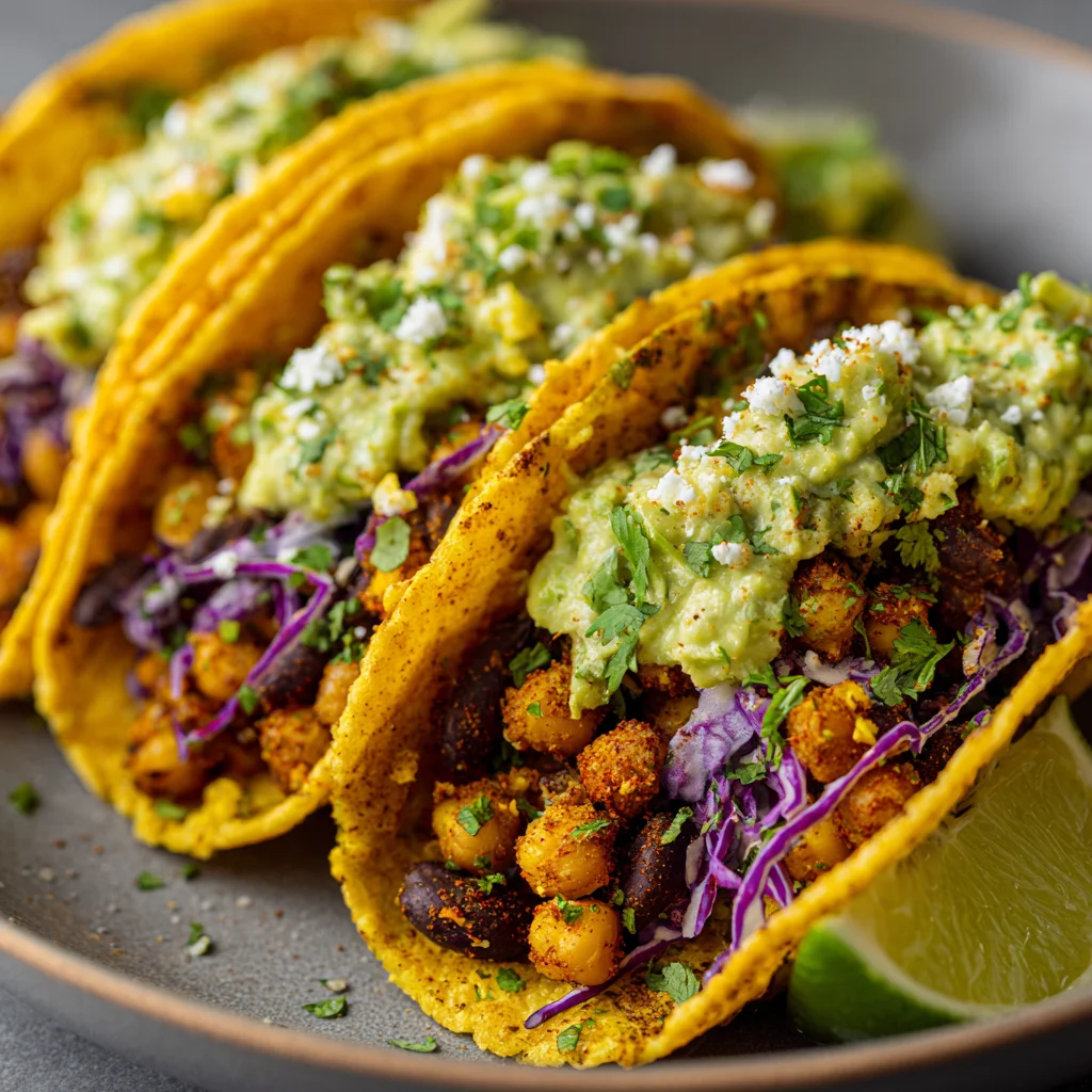 Chickpea & Black Bean Tacos with Avocado Lime Slaw