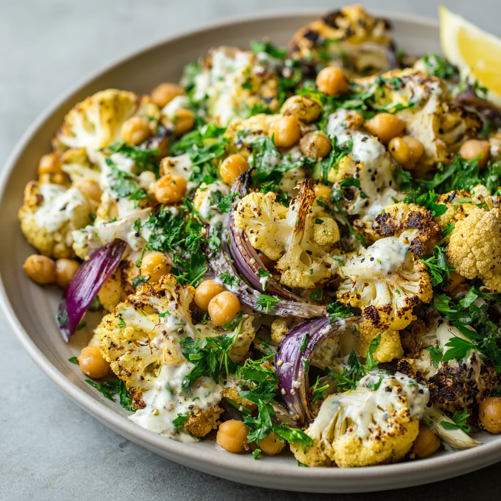 Chickpea and roasted cauliflower salad with lemon yogurt dressing.