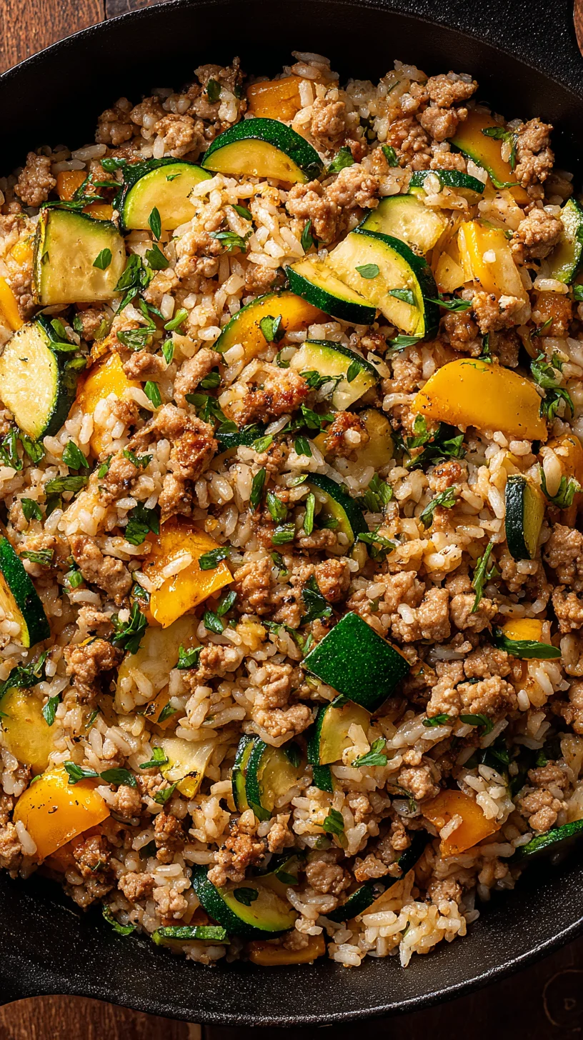 Ground chicken, zucchini, and rice in a skillet.