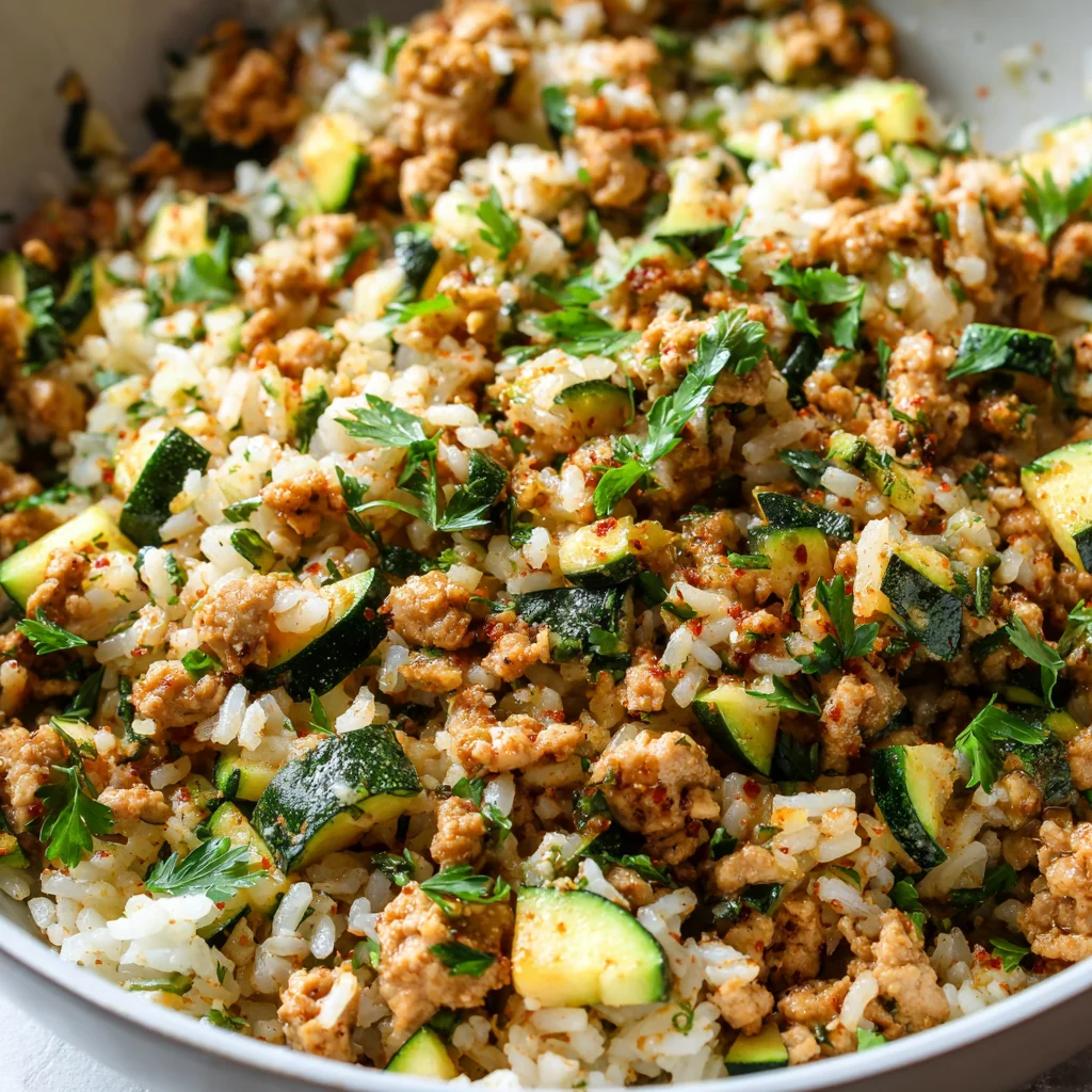 One-pan meal with ground chicken, zucchini, and rice. One-pan meal with ground chicken, zucchini, and rice.