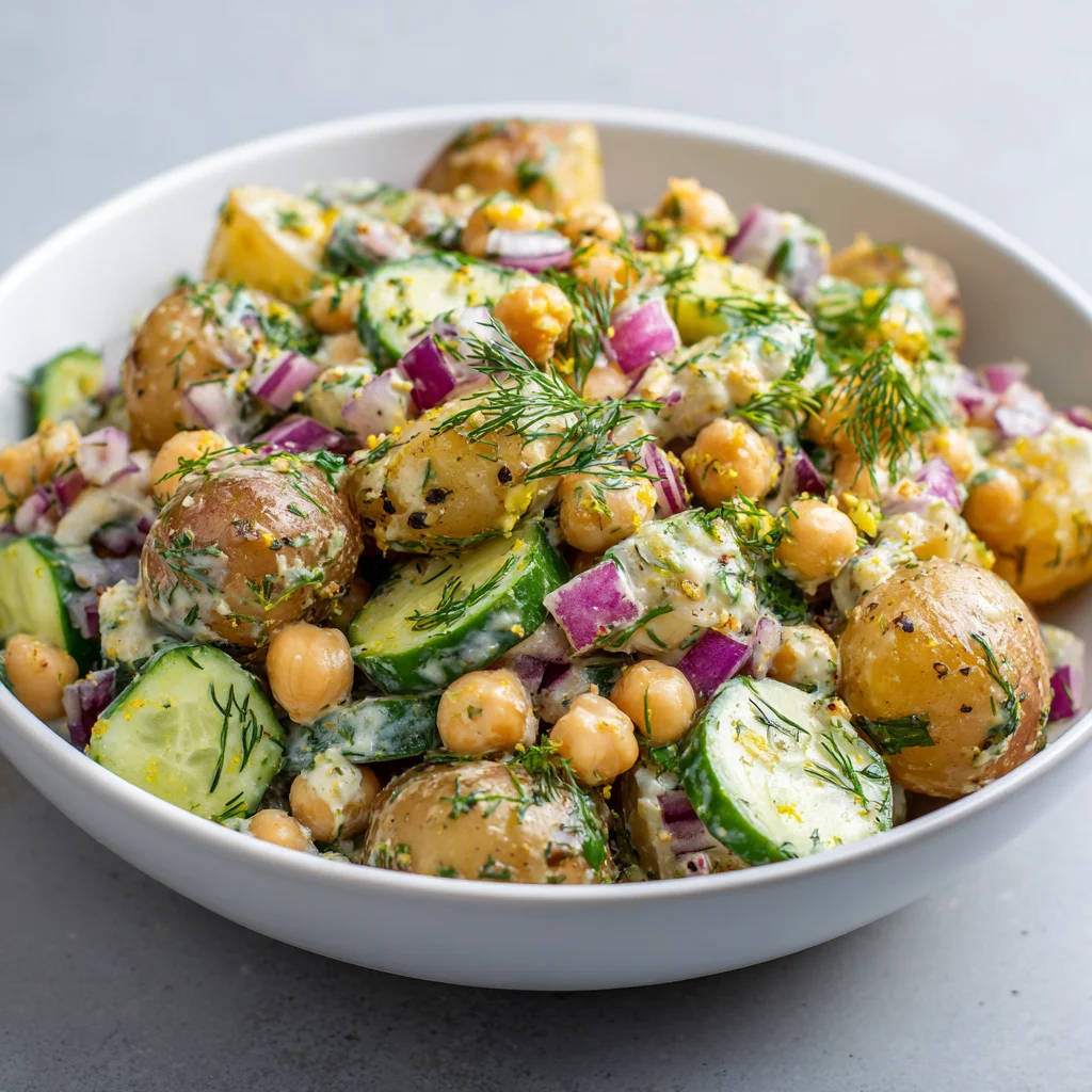 Lemon dill chickpea salad with baby potatoes.