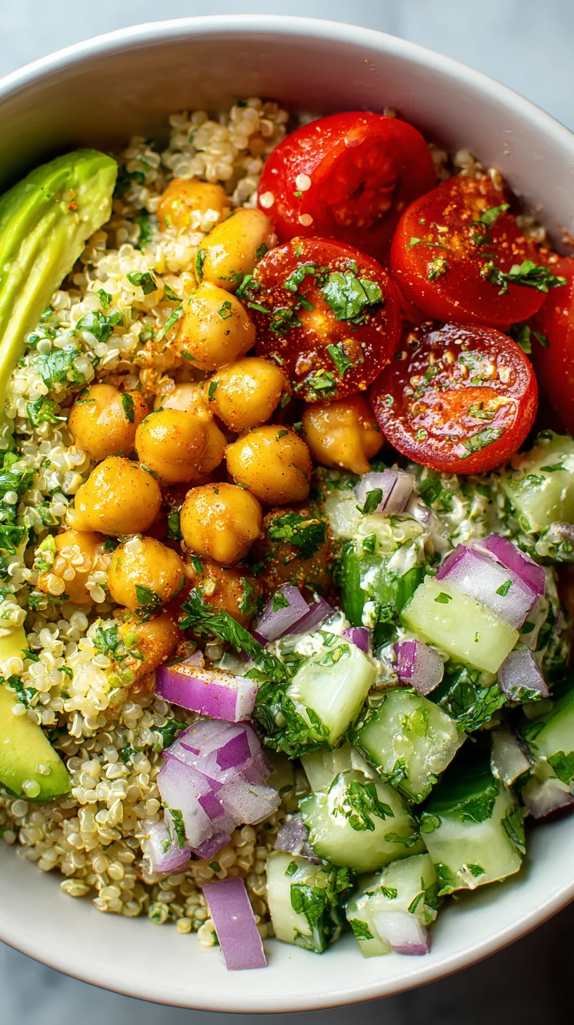 Bright and colorful chickpea, avocado, quinoa summer bowl.