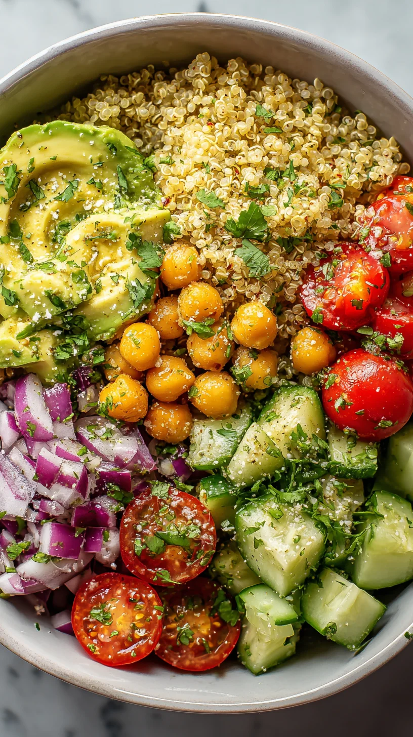 Close-up of a healthy chickpea, avocado, and quinoa salad. Close-up of a healthy chickpea, avocado, and quinoa salad.
